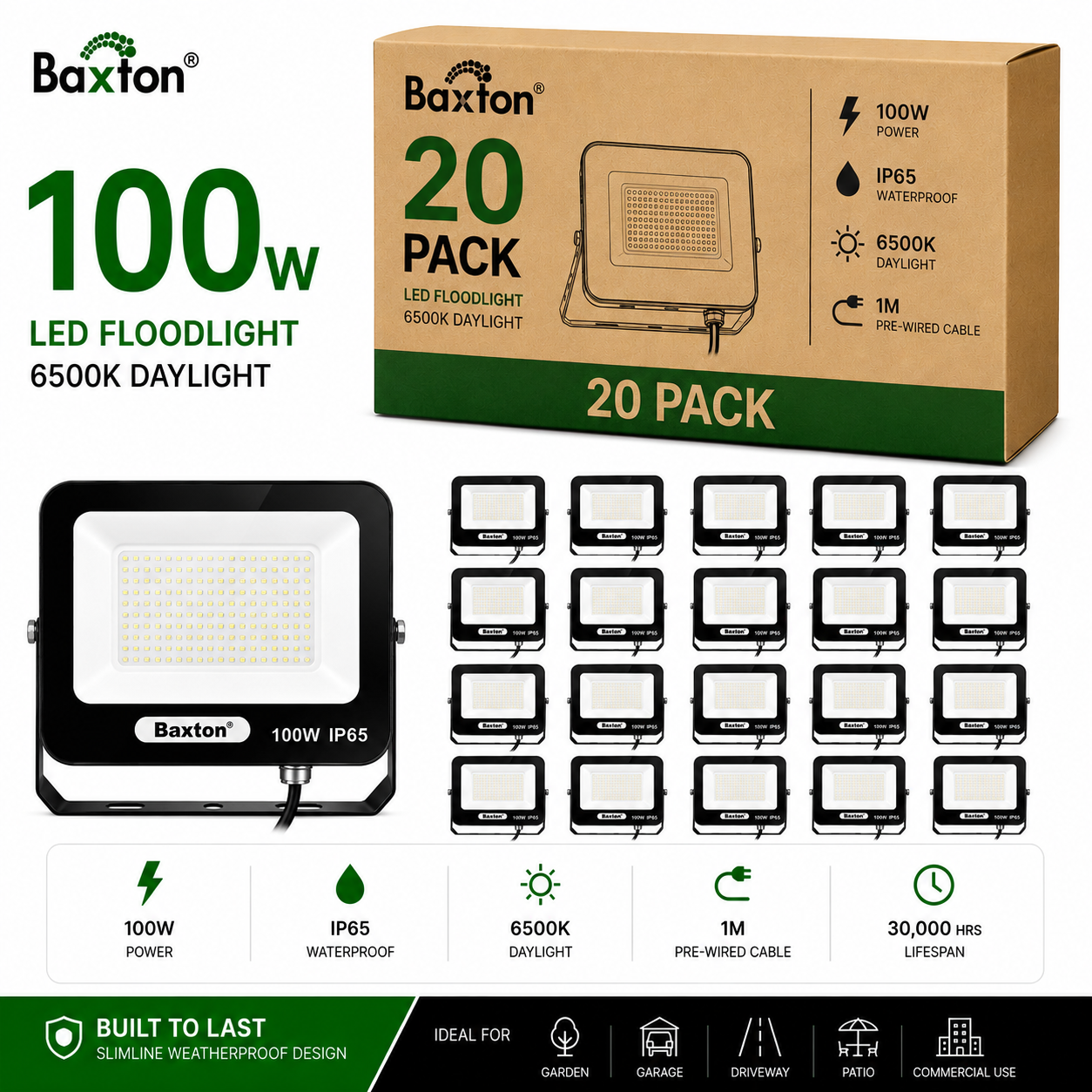 Baxton 100W LED Floodlights 6500K Daylight White IP65 | Trade Carton (20pcs)