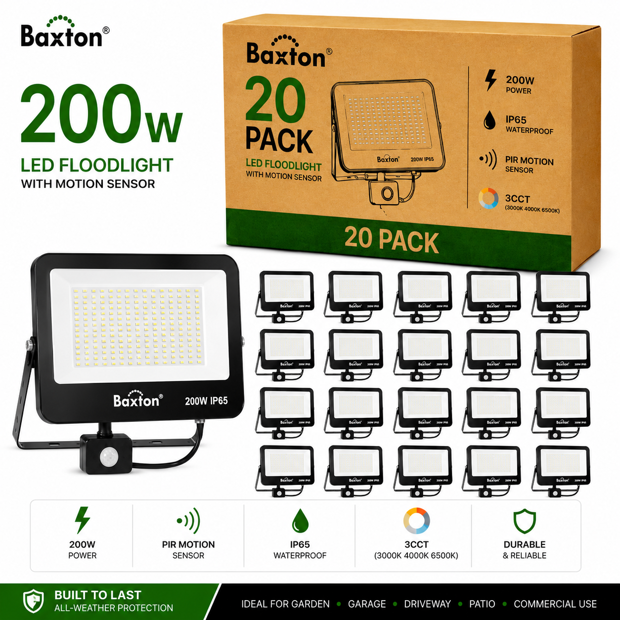 Baxton 20 Pack 200W LED Floodlights With PIR Sensor 3CCT IP65 Trade Carton