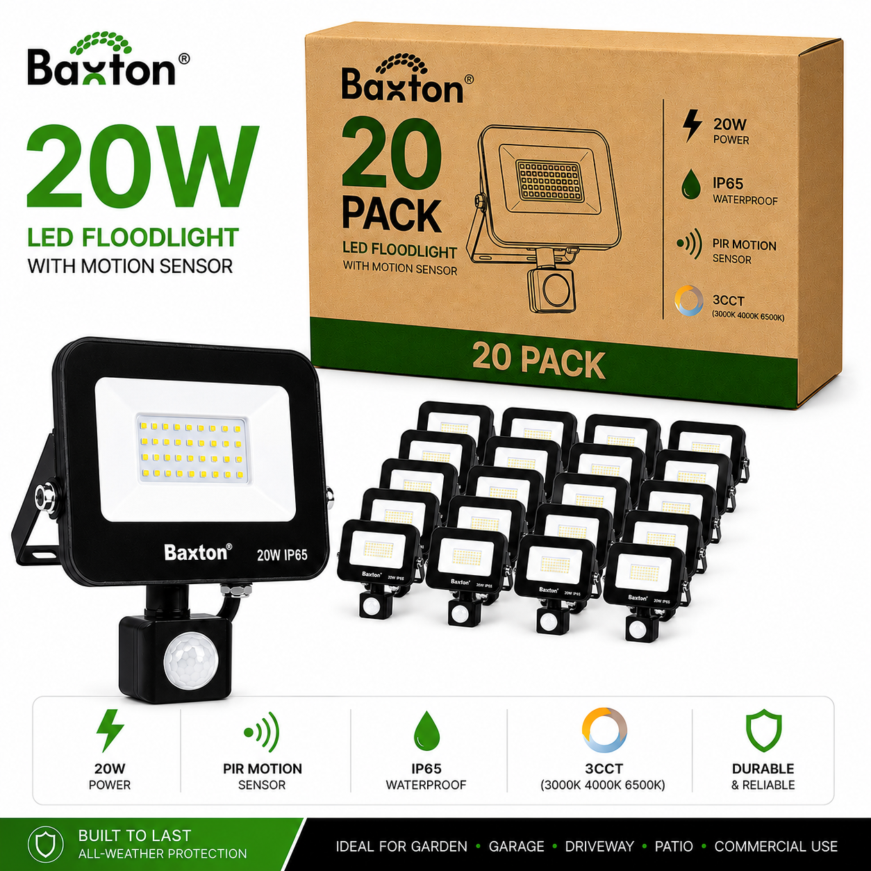 Baxton 20 Pack 20W LED Floodlights With PIR Sensor 3CCT IP65 Trade Carton