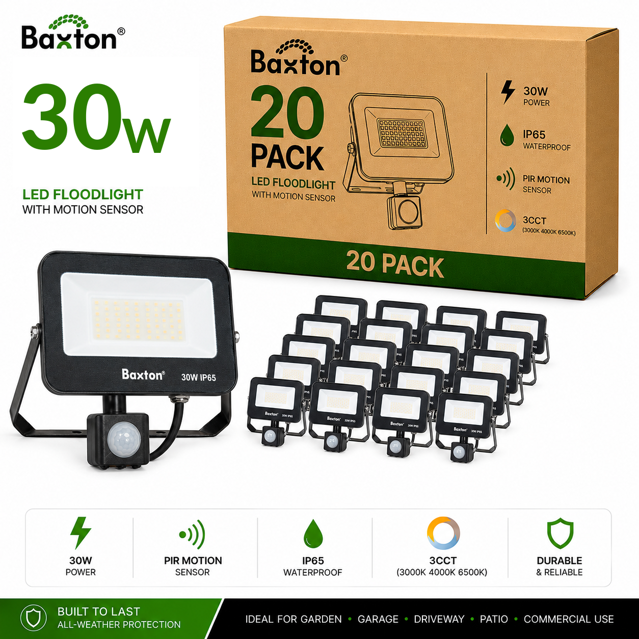 Baxton 20 Pack 30W LED Floodlights With PIR Sensor 3CCT IP65 Trade Carton