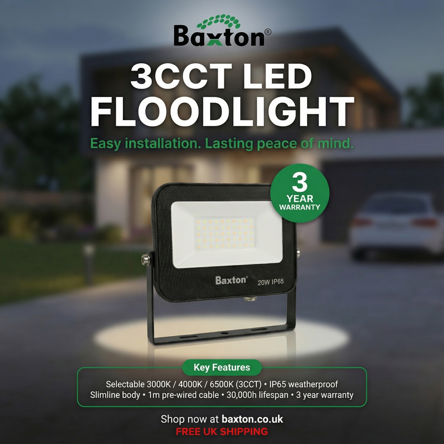 Baxton 200W LED Floodlight 3CCT (3000K 4000K 6500K) IP65 Outdoor Light