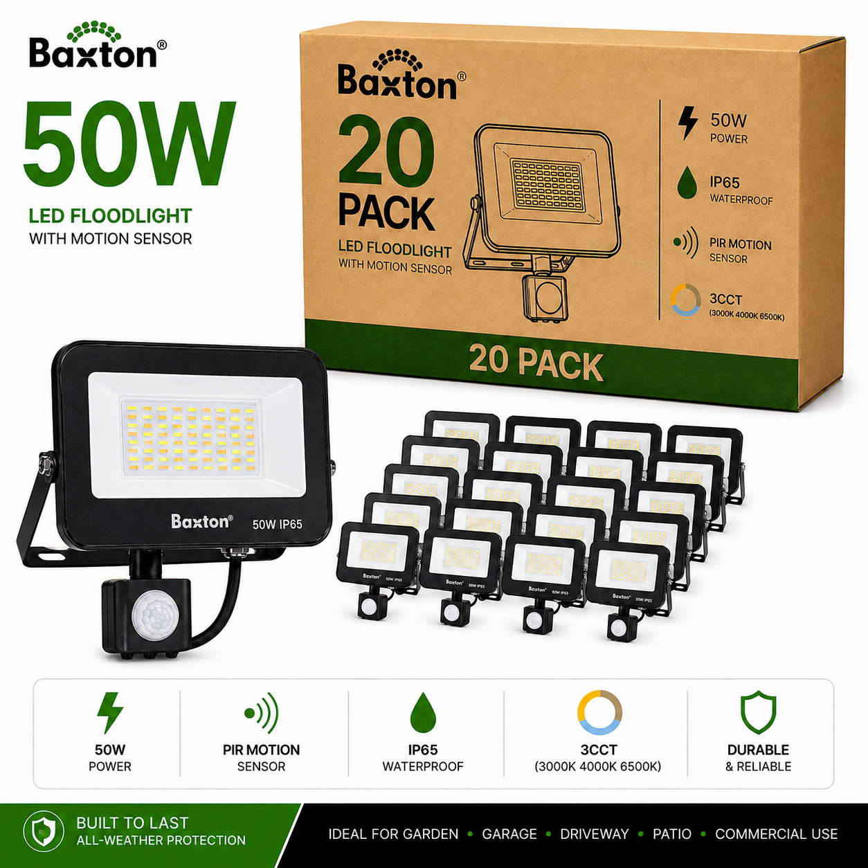 Baxton 20 Pack 50W LED Floodlights With PIR Sensor 3CCT IP65 Trade Carton