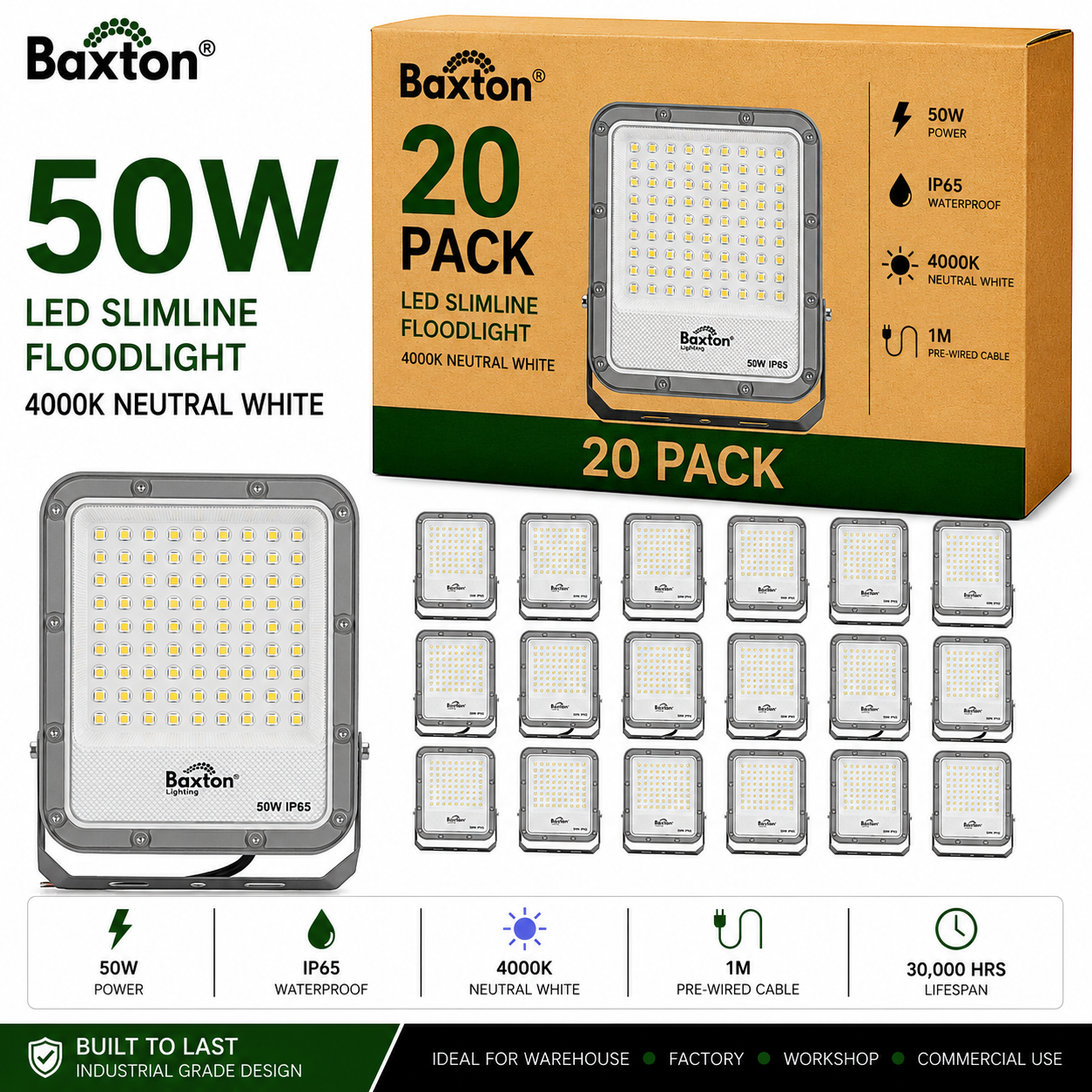 Baxton Ultimate 50W LED Floodlight 4000K IP65 – Trade Carton (20 Pack)