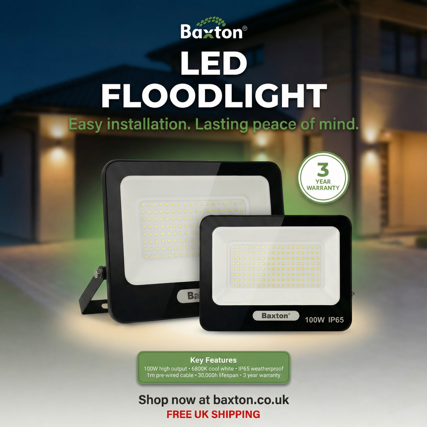 Baxton 10W LED Slimline Floodlight 6500K Daylight White IP65 Outdoor Light