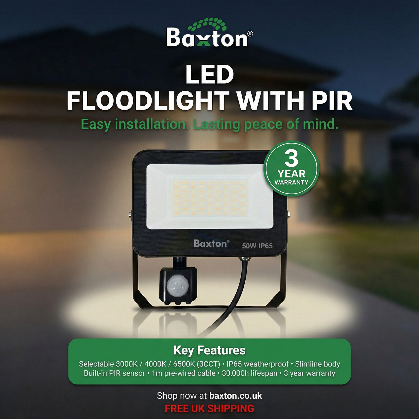 Baxton LED Floodlight 20w-200w With PIR Sensor (3CCT)