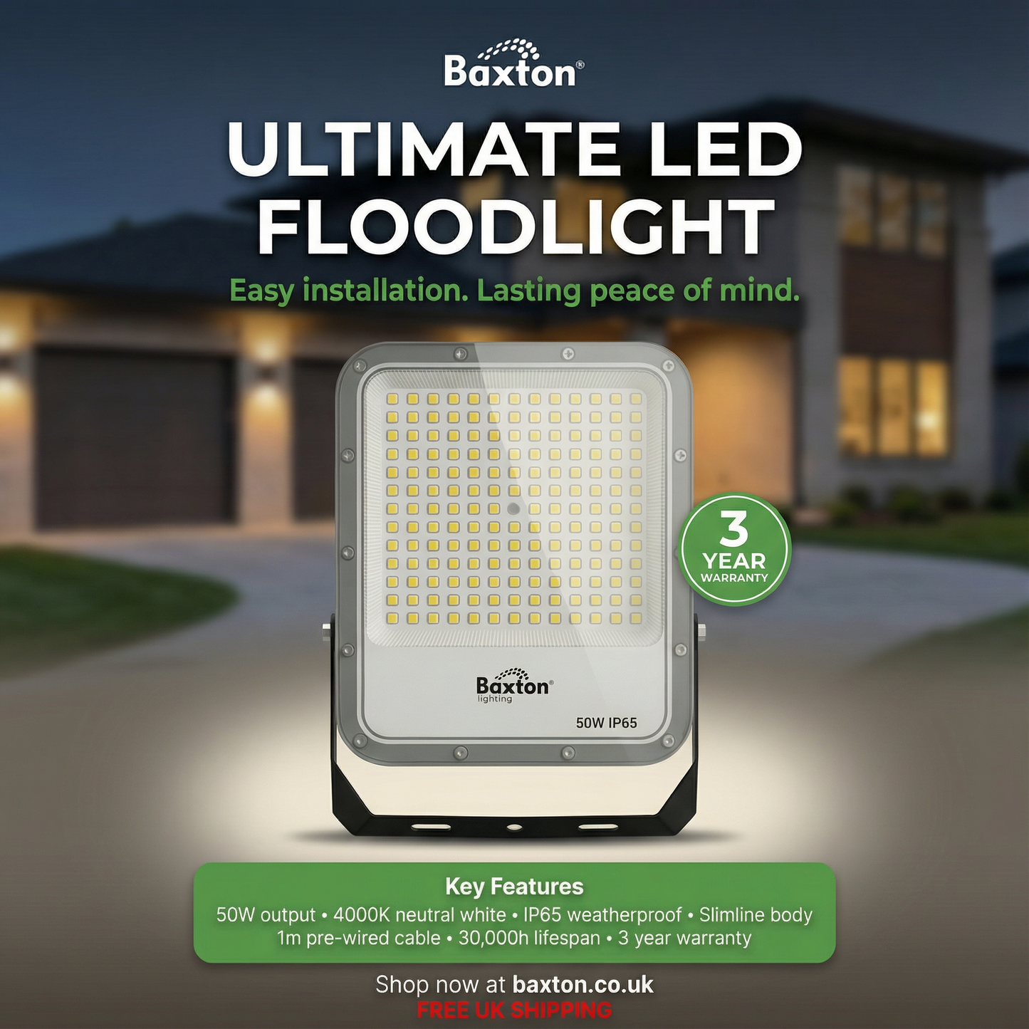 Baxton Ultimate 50W LED Floodlight 4000K 7500lm High Lumen IP65 Outdoor Light