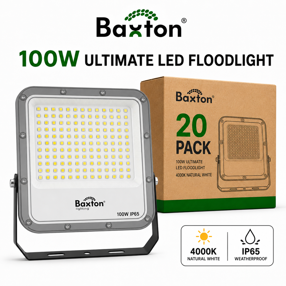 Baxton Ultimate 100W LED Floodlight 4000K High Lumen (150lm/w) IP65 – Trade Carton (20 Pack)