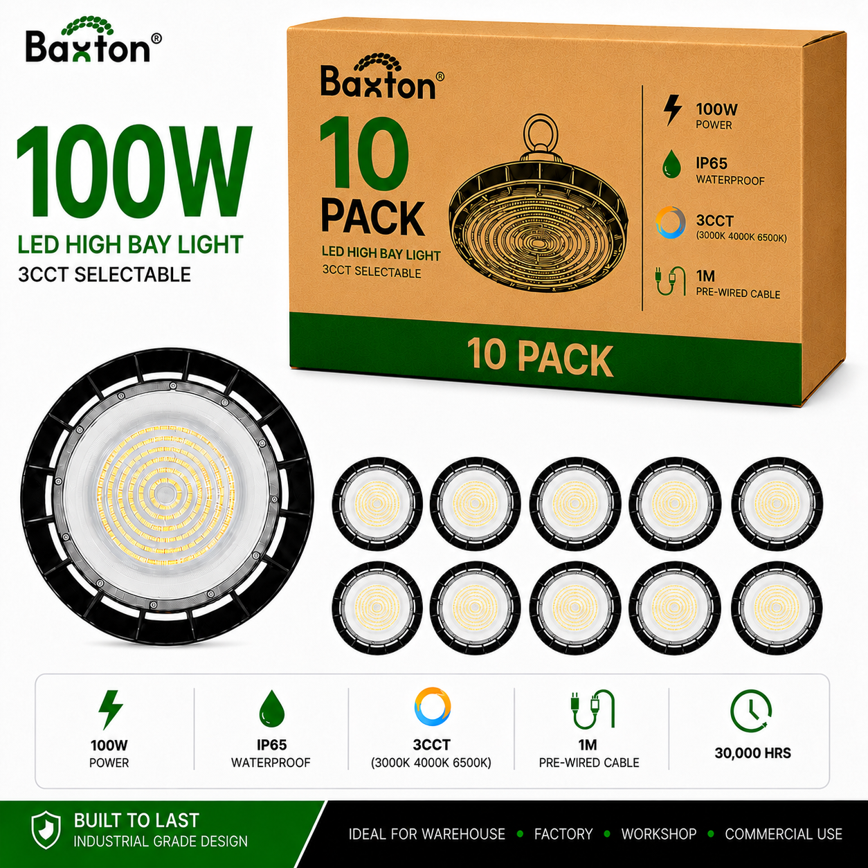 Baxton 100W UFO LED High Bay Light 3CCT (3000K 4000K 6500K) IP65 | Trade Carton (10pcs)