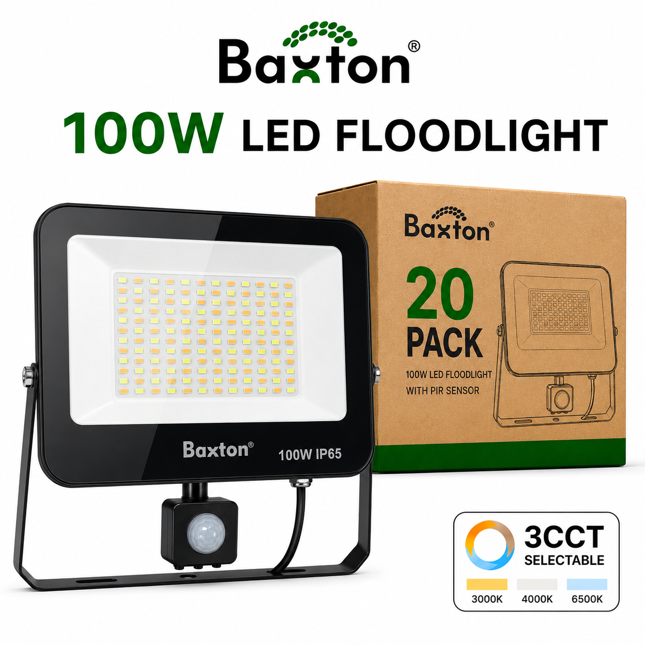 Baxton 20 Pack 100W LED Floodlights With PIR Sensor 3CCT IP65 Trade Carton