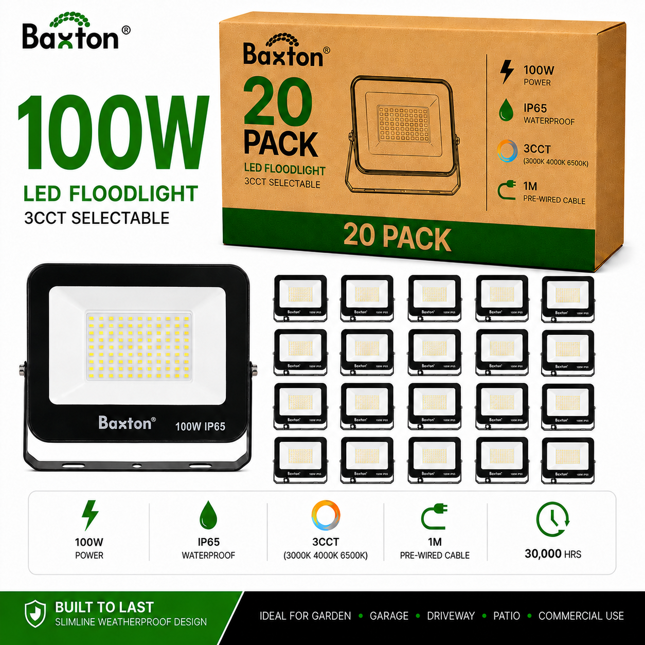 Baxton 20 Pack 100W LED Floodlights 3CCT (3000K 4000K 6500K) IP65 Trade Carton