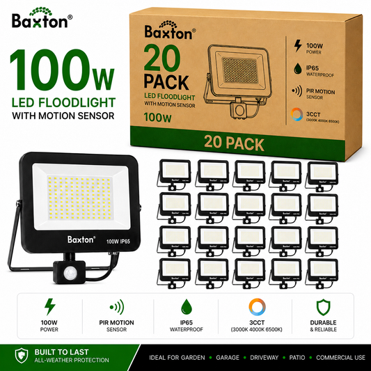 Baxton 20 Pack 100W LED Floodlights With PIR Sensor 3CCT IP65 Trade Carton