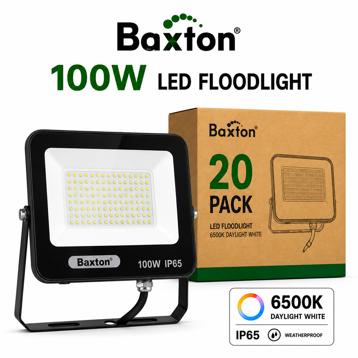 Baxton 100W LED Floodlights 6500K Daylight White (100lm/w) IP65 | Trade Carton (20pcs)