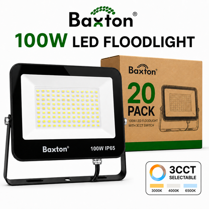 Baxton 20 Pack 100W LED Floodlights 3CCT (3000K 4000K 6500K) IP65 Trade Carton