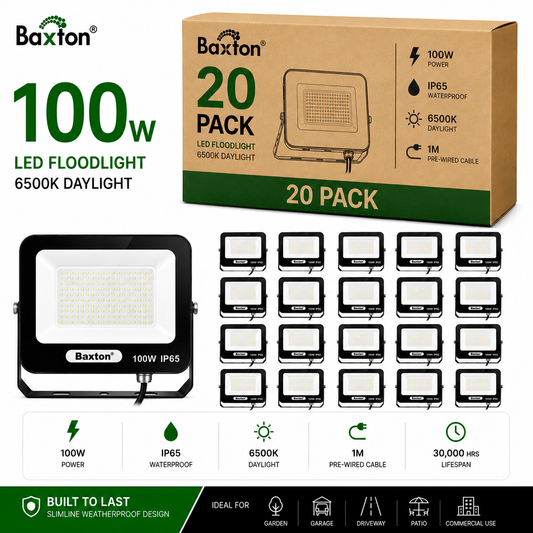 Baxton 100W LED Floodlights 6500K Daylight White IP65 | Trade Carton (20pcs)