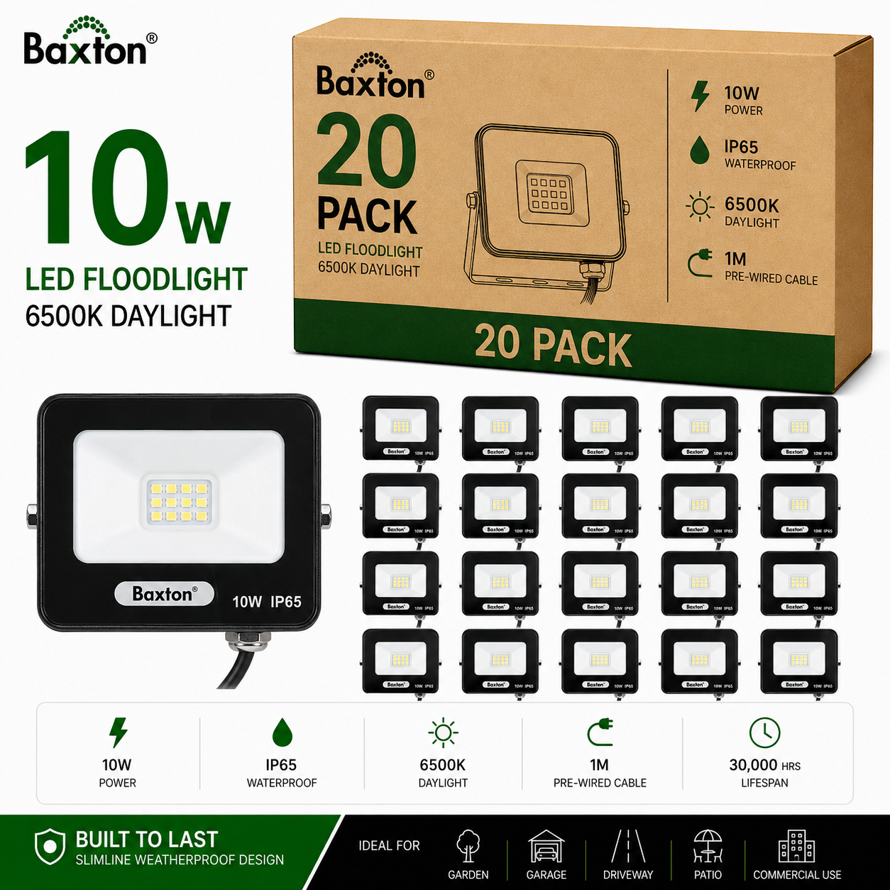 Baxton 10W LED Floodlights 6500K Daylight White IP65 | Trade Carton (20pcs)