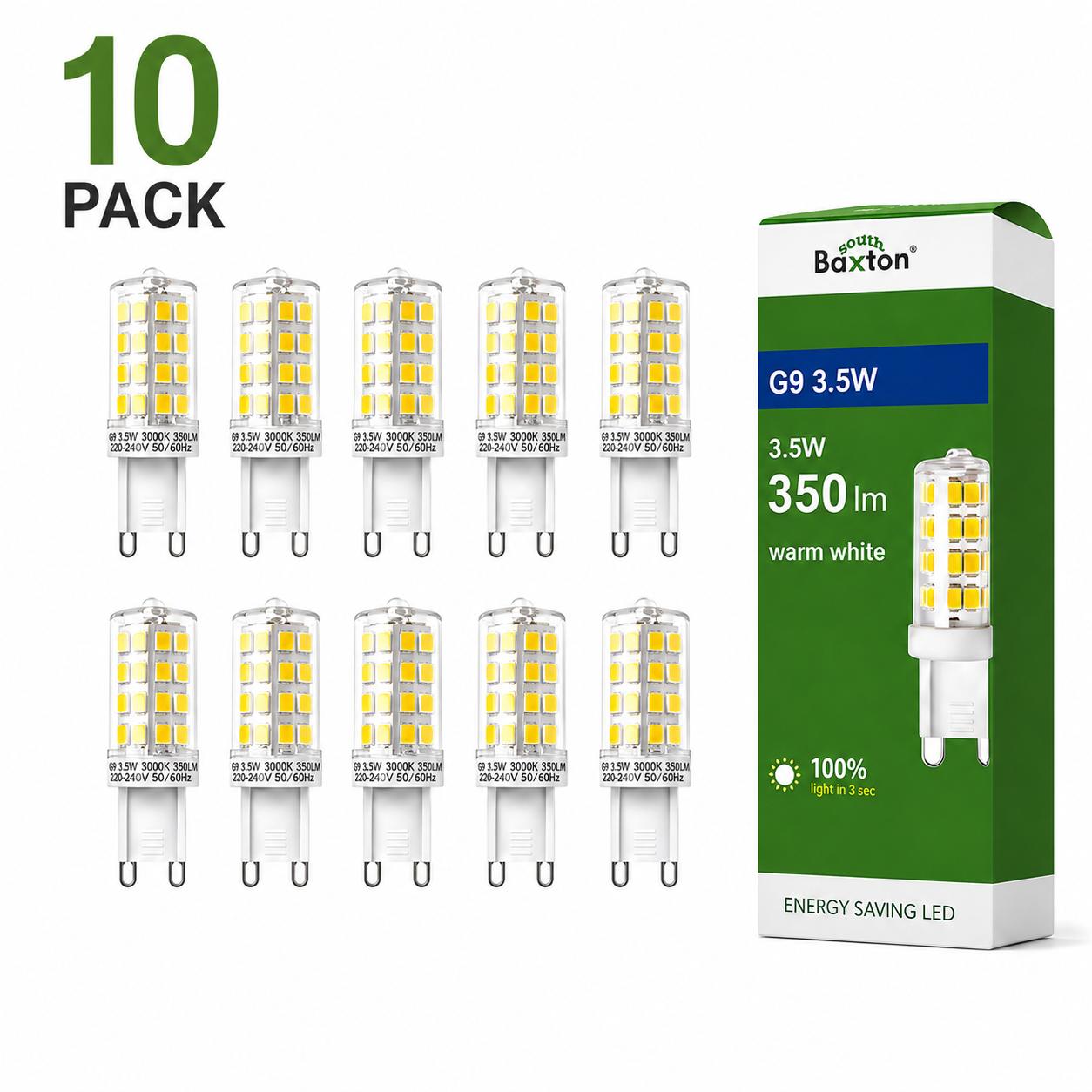 Baxton 10 Pack G9 LED Light Bulbs 3.5W Warm White 3000K Non Dimmable