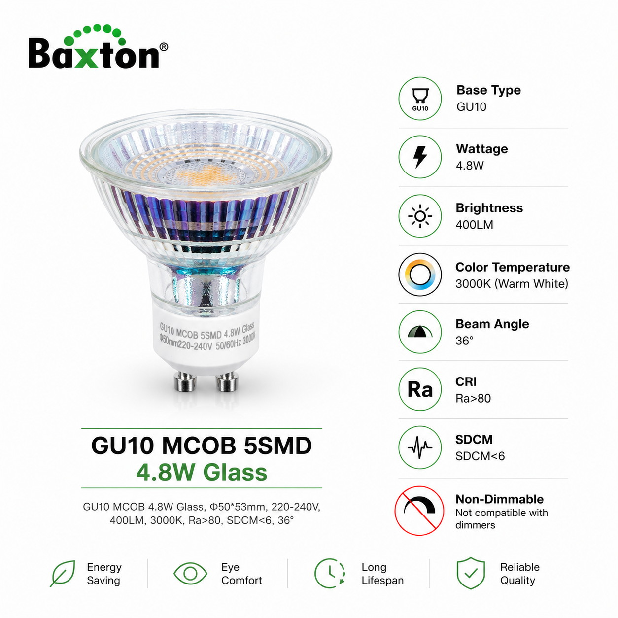 Baxton GU10 LED Bulbs Warm White 3000K 4.8W Glass – 10 Pack