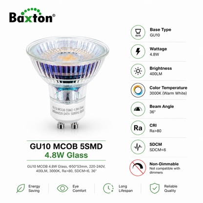 Baxton GU10 LED Bulbs Warm White 3000K 4.8W Glass – 10 Pack