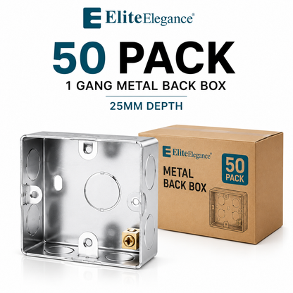 50 Pack 1 Gang Metal Back Boxes 25mm Adjustable Lug | Elite Elegance