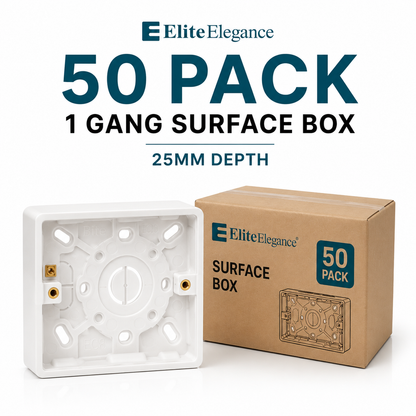 50 Pack 1 Gang Surface Pattress Boxes 25mm White | Elite Elegance