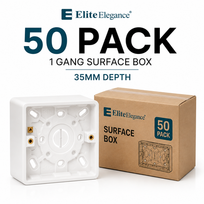 50 Pack 1 Gang Surface Pattress Boxes 35mm White | Elite Elegance