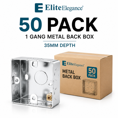 50 Pack 1 Gang Metal Back Boxes 35mm Adjustable Lug | Elite Elegance