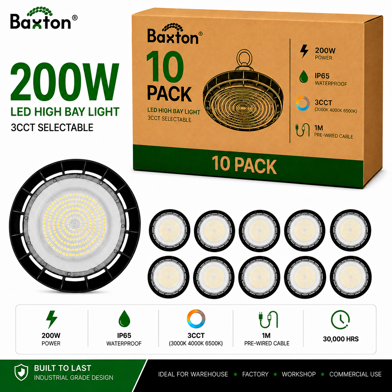 Baxton 200W UFO LED High Bay Light 3CCT (3000K 4000K 6500K) IP65 | Trade Carton (10pcs)
