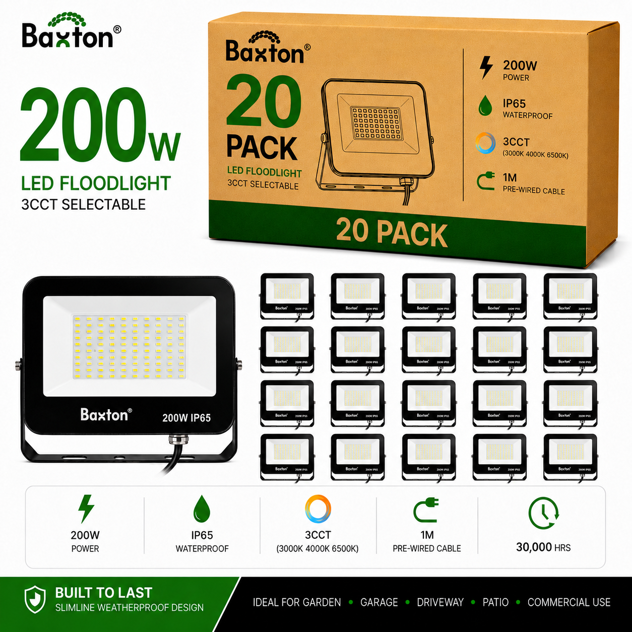 Baxton 20 Pack 200W LED Floodlights 3CCT (3000K 4000K 6500K) IP65 Trade Carton
