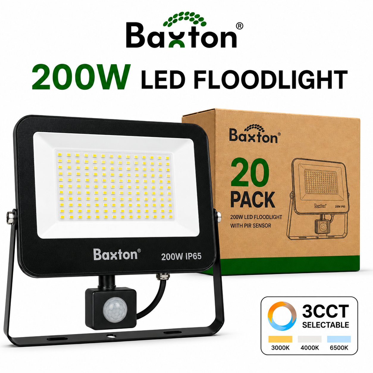 Baxton 20 Pack 200W LED Floodlights With PIR Sensor 3CCT IP65 Trade Carton