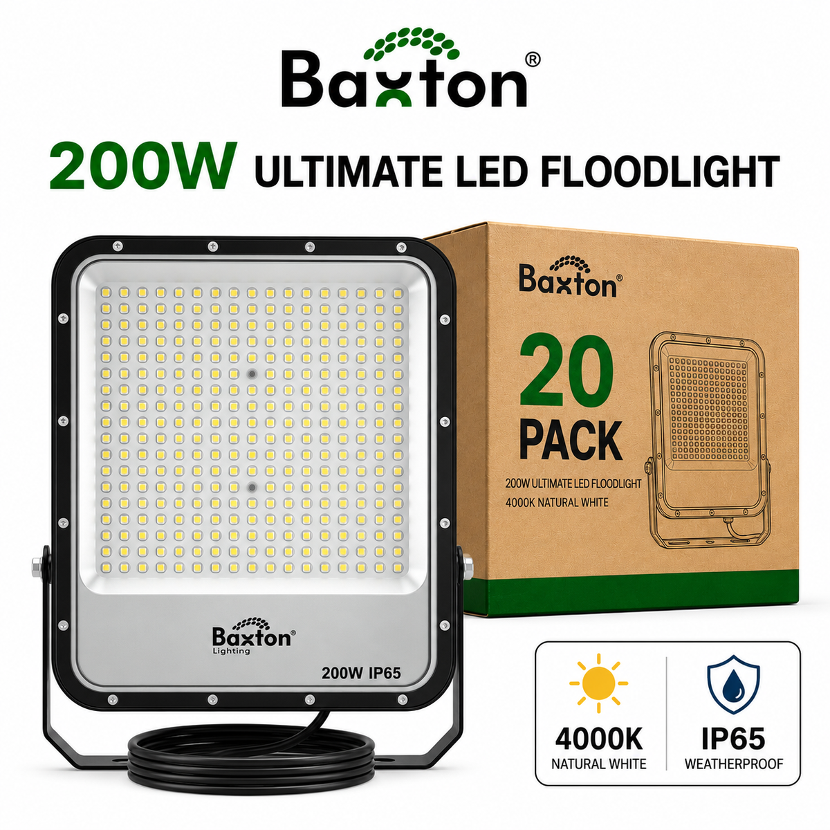 Baxton Ultimate 200W LED Floodlight 4000K High Lumen (150lm/w) IP65 – Trade Carton (20 Pack)