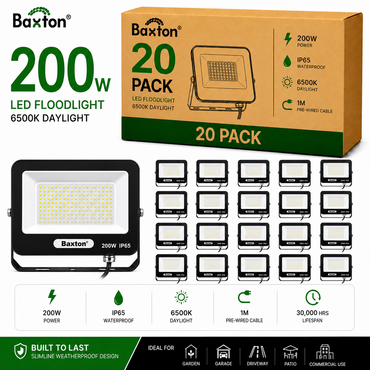 Baxton 200W LED Floodlights 6500K Daylight White IP65 | Trade Carton (20pcs)