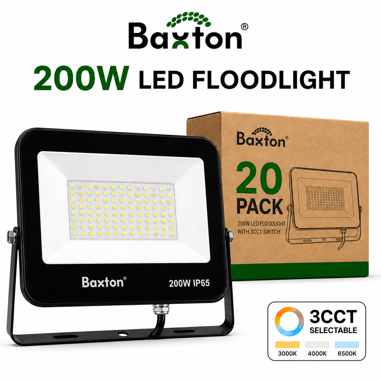 Baxton 20 Pack 200W LED Floodlights 3CCT (3000K 4000K 6500K) IP65 Trade Carton