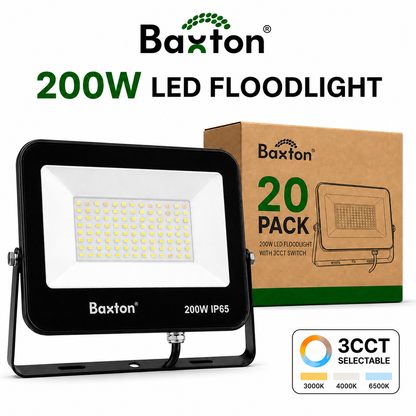 Baxton 20 Pack 200W LED Floodlights 3CCT (3000K 4000K 6500K) IP65 Trade Carton