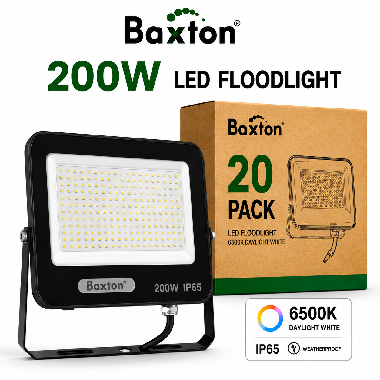 Baxton 200W LED Floodlights 6500K Daylight White (100lm/w) IP65 | Trade Carton (20pcs)