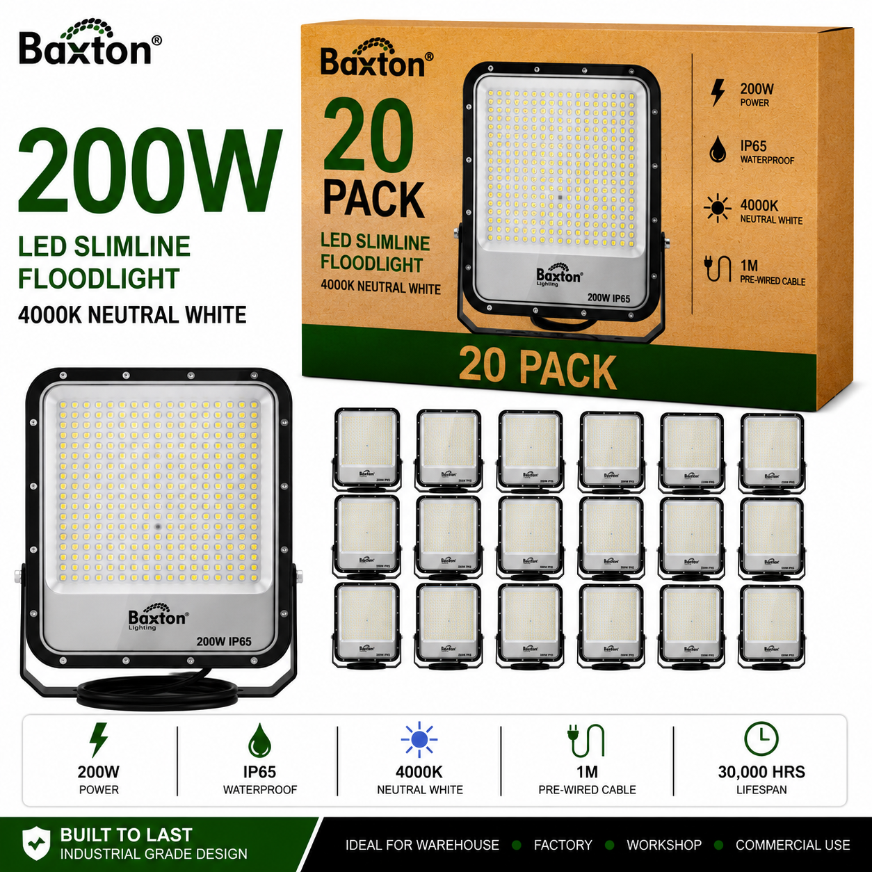 Baxton Ultimate 200W LED Floodlight 4000K IP65 – Trade Carton (20 Pack)