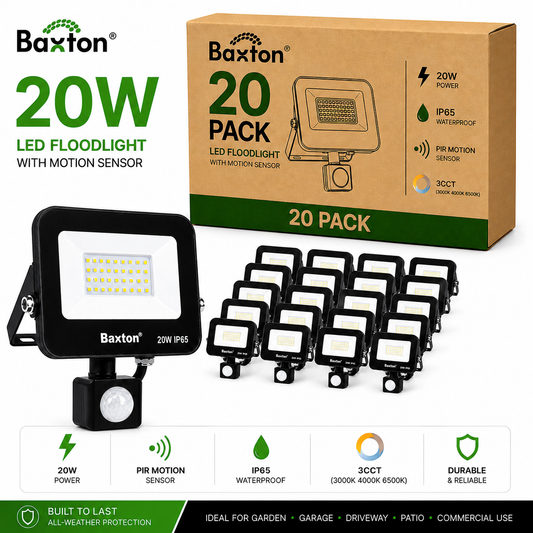 Baxton 20 Pack 20W LED Floodlights With PIR Sensor 3CCT IP65 Trade Carton