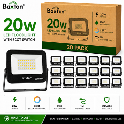 Baxton 20 Pack 20W LED Floodlights 3CCT (3000K 4000K 6500K) IP65 Trade Carton