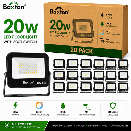 Baxton 20 Pack 20W LED Floodlights 3CCT (3000K 4000K 6500K) IP65 Trade Carton