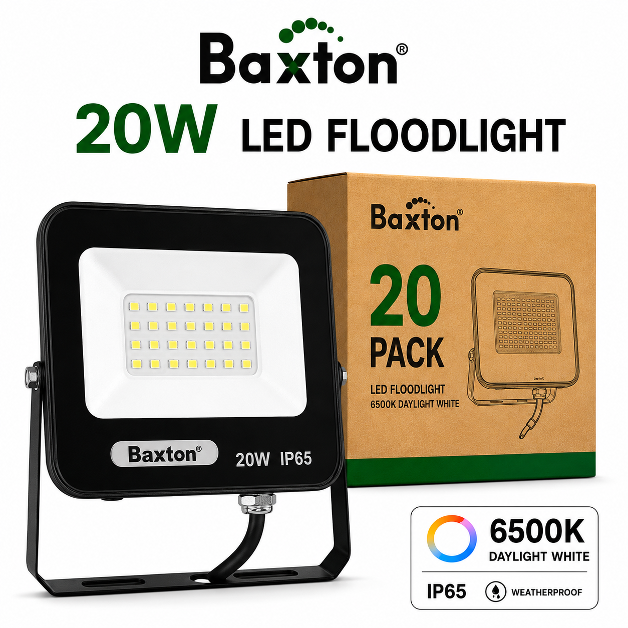 Baxton 20W LED Floodlights 6500K Daylight White (100lm/w) IP65 | Trade Carton (20pcs)