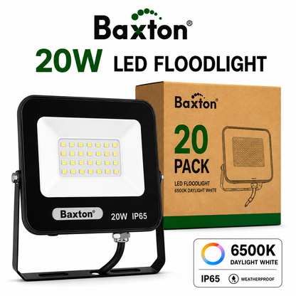 Baxton 20W LED Floodlights 6500K Daylight White (100lm/w) IP65 | Trade Carton (20pcs)
