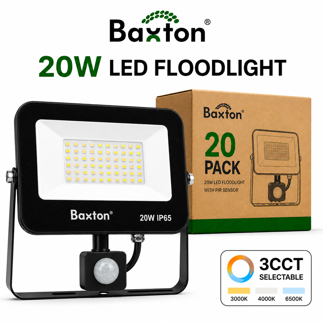 Baxton 20 Pack 20W LED Floodlights With PIR Sensor 3CCT IP65 Trade Carton