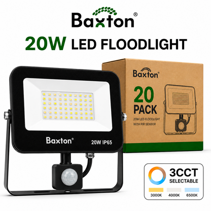Baxton 20 Pack 20W LED Floodlights With PIR Sensor 3CCT IP65 Trade Carton