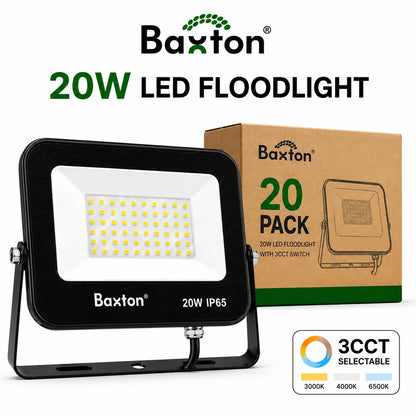 Baxton 20 Pack 20W LED Floodlights 3CCT (3000K 4000K 6500K) IP65 Trade Carton