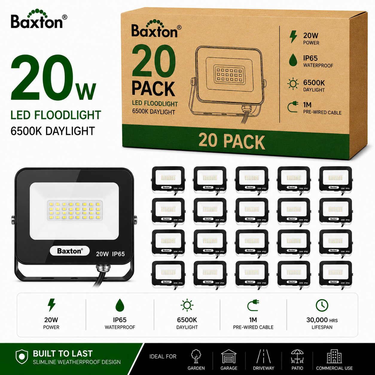 Baxton 20W LED Floodlights 6500K Daylight White IP65 | Trade Carton (20pcs)