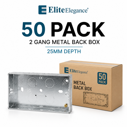 50 Pack 2 Gang Metal Back Boxes 25mm Adjustable Lug | Elite Elegance