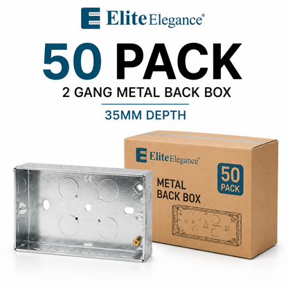 50 Pack 2 Gang Metal Back Boxes 35mm Adjustable Lug | Elite Elegance