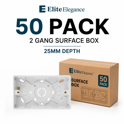 50 Pack 2 Gang Surface Pattress Boxes 25mm White | Elite Elegance