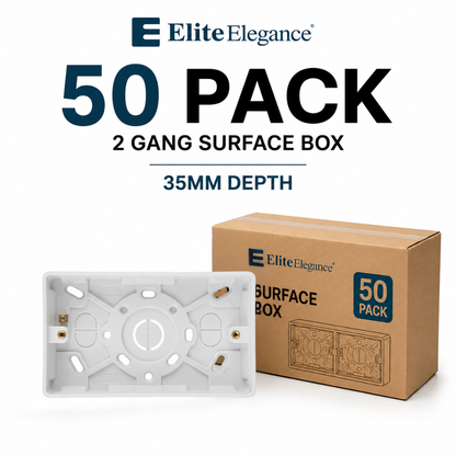 50 Pack 2 Gang Surface Pattress Boxes 35mm White | Elite Elegance