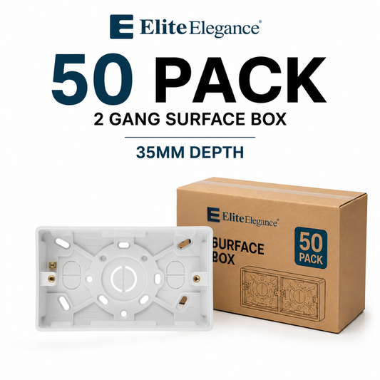 50 Pack 2 Gang Surface Pattress Boxes 35mm White | Elite Elegance