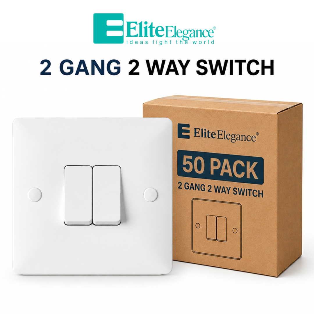 Elite Elegance 2 Gang 2 Way Light Switch 10AX White – Trade Carton (50 Pack)